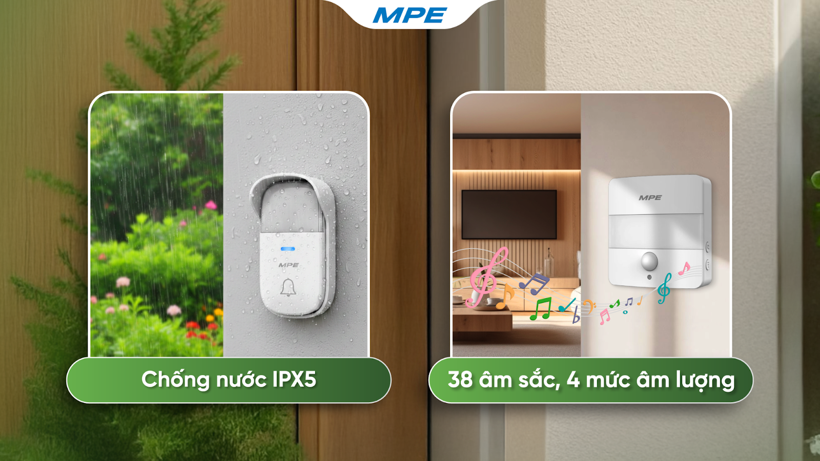 Chuông cửa DB5 mang đến 38 âm sắc khác nhau cùng 4 mức âm lượng linh hoạt và chống nước IPX5