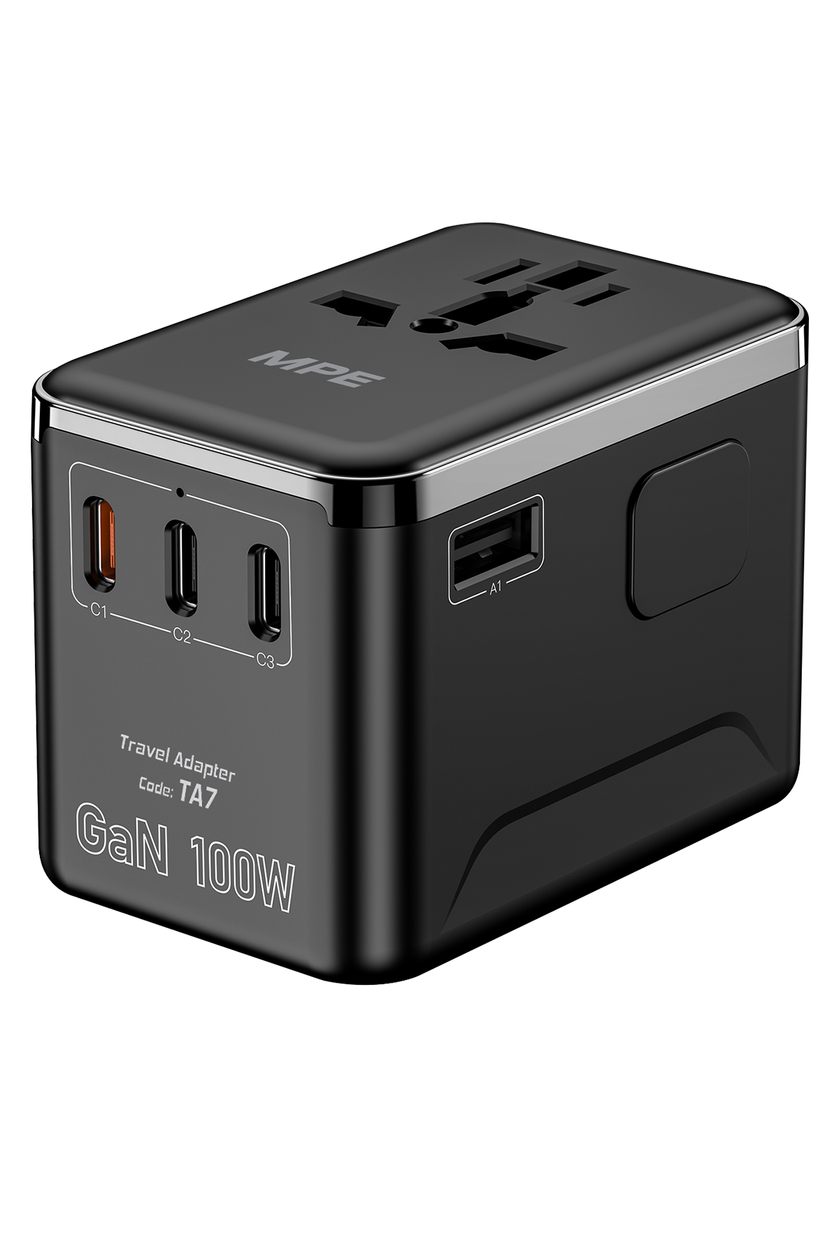 Ổ cắm du lịch đa năng,Tích hợp 3 cổng USB-C, 1 cổng USB-A, sạc nhanh GaN 100W mã TA7